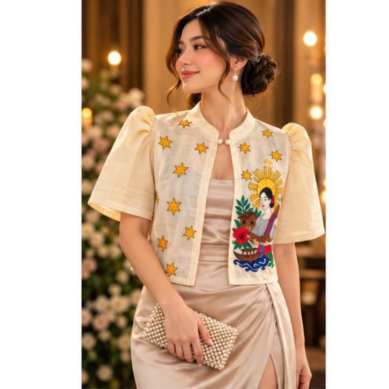 Modern Filipiniana Barong Blouse – Embroidered Butterfly Sleeve Top with Philippine Sun, Bahay Kubo & Nipa Hut Motif, Size L | Cultural Filipino Folk Art Formal Wear — photo 1