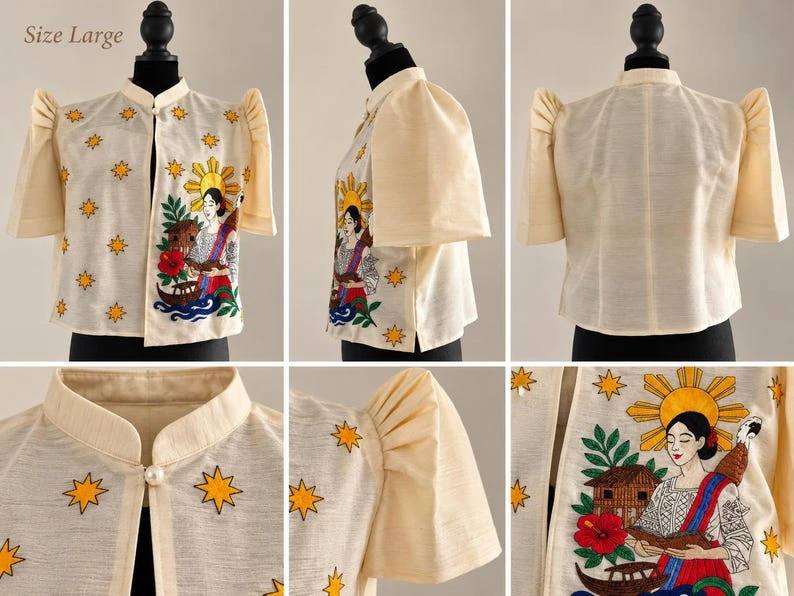 Modern Filipiniana Barong Blouse – Embroidered Butterfly Sleeve Top with Philippine Sun, Bahay Kubo & Nipa Hut Motif, Size L | Cultural Filipino Folk Art Formal Wear — photo 3