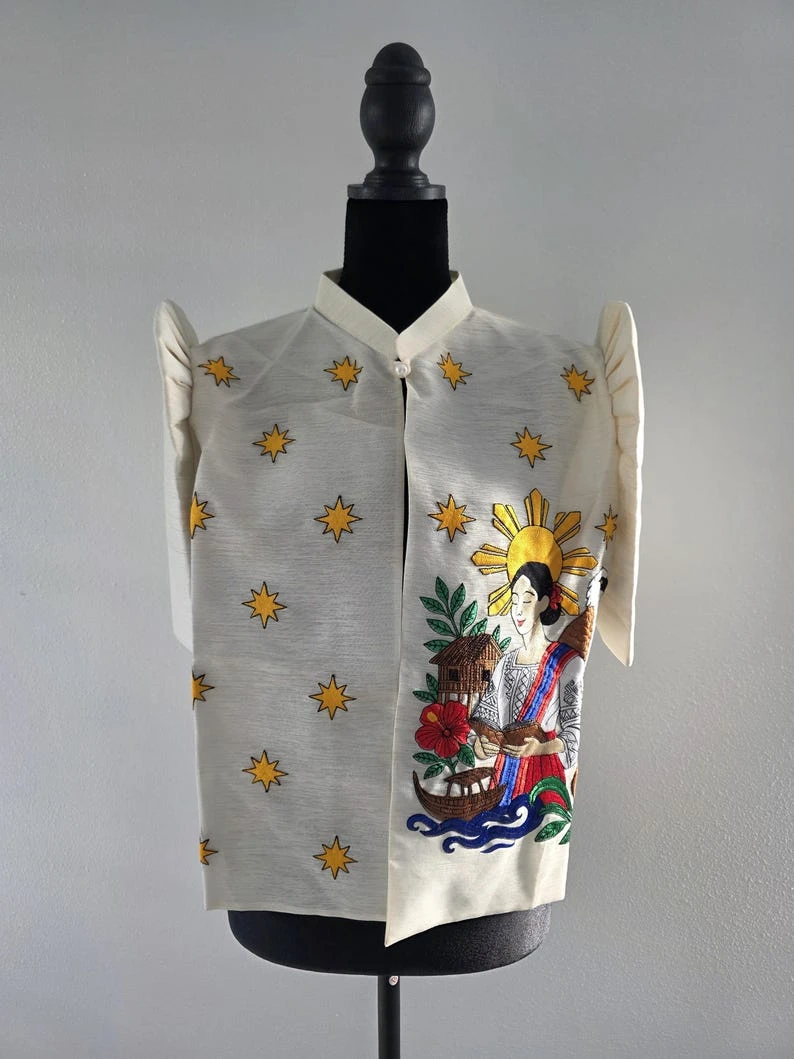 Modern Filipiniana Barong Blouse – Embroidered Butterfly Sleeve Top with Philippine Sun, Bahay Kubo & Nipa Hut Motif, Size L | Cultural Filipino Folk Art Formal Wear — photo 4