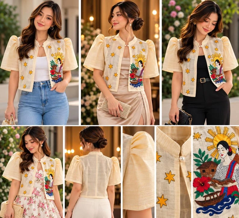 Modern Filipiniana Barong Blouse – Embroidered Butterfly Sleeve Top with Philippine Sun, Bahay Kubo & Nipa Hut Motif, Size L | Cultural Filipino Folk Art Formal Wear — photo 2