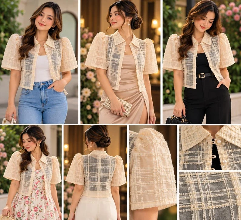 Modern Filipiniana Bolero Top – Sheer Plaid Butterfly Sleeve Barong Crop Jacket with Pearl Buttons, Size Small | Formal Filipino Organza Outerwear — photo 2