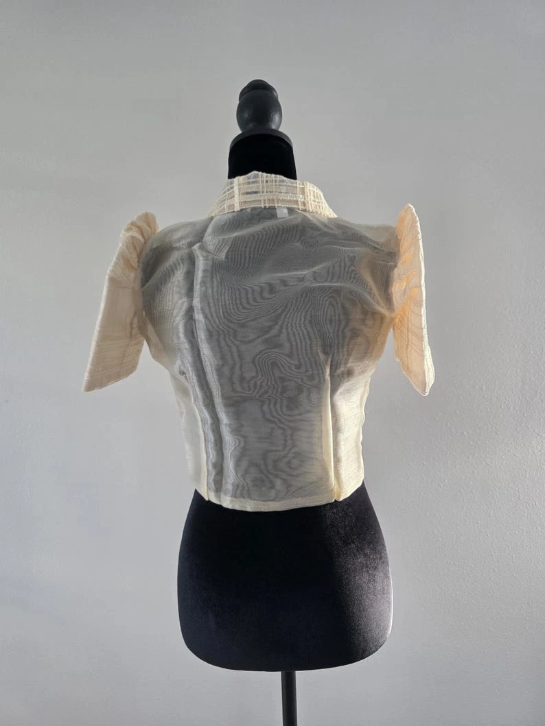 Modern Filipiniana Bolero Top – Sheer Plaid Butterfly Sleeve Barong Crop Jacket with Pearl Buttons, Size Small | Formal Filipino Organza Outerwear — photo 6