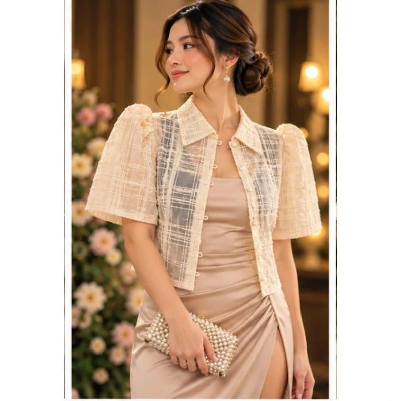 Modern Filipiniana Bolero Top – Sheer Plaid Butterfly Sleeve Barong Crop Jacket with Pearl Buttons, Size Small | Formal Filipino Organza Outerwear — photo 1