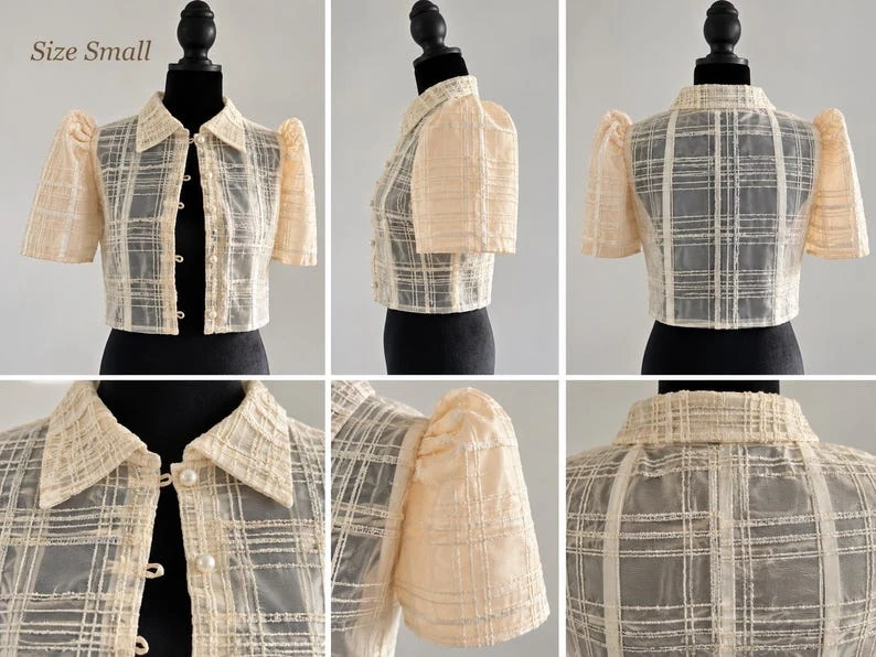 Modern Filipiniana Bolero Top – Sheer Plaid Butterfly Sleeve Barong Crop Jacket with Pearl Buttons, Size Small | Formal Filipino Organza Outerwear — photo 3