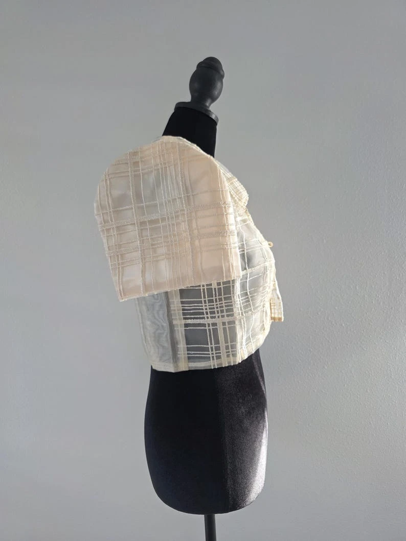 Modern Filipiniana Bolero Top – Sheer Plaid Butterfly Sleeve Barong Crop Jacket with Pearl Buttons, Size Small | Formal Filipino Organza Outerwear — photo 5