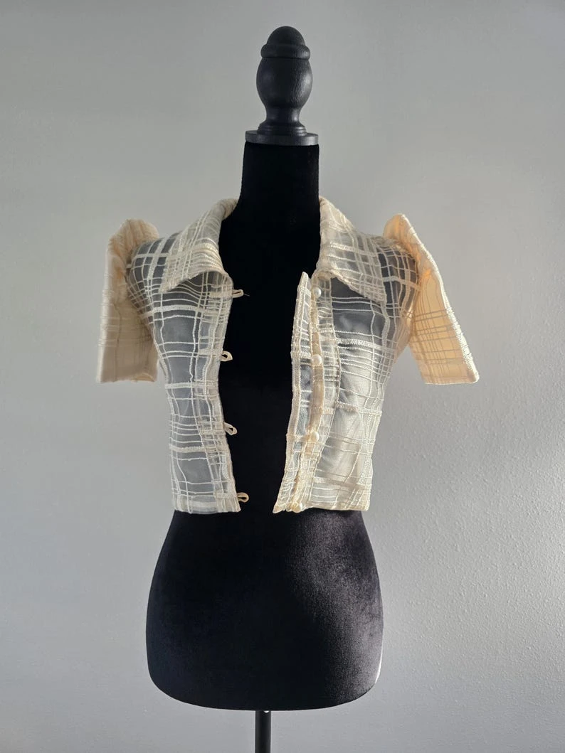 Modern Filipiniana Bolero Top – Sheer Plaid Butterfly Sleeve Barong Crop Jacket with Pearl Buttons, Size Small | Formal Filipino Organza Outerwear — photo 4