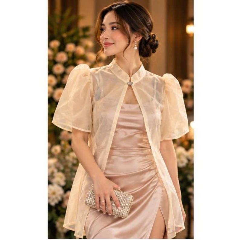 Modern Filipiniana Bolero Top – Off-White & Cream Organza Butterfly Sleeve Top with Pearl Button, Size XL | Formal Filipino Barong Outerwear — photo 1