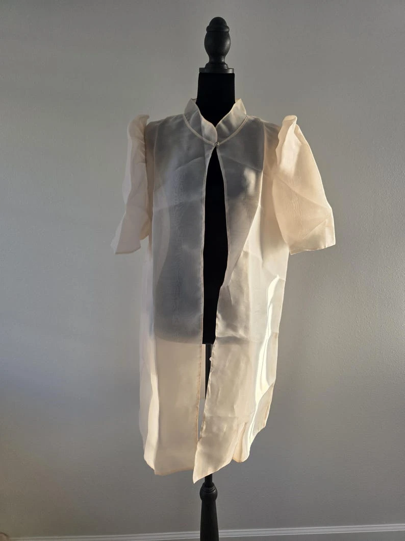 Modern Filipiniana Bolero Top – Off-White & Cream Organza Butterfly Sleeve Top with Pearl Button, Size XL | Formal Filipino Barong Outerwear — photo 4