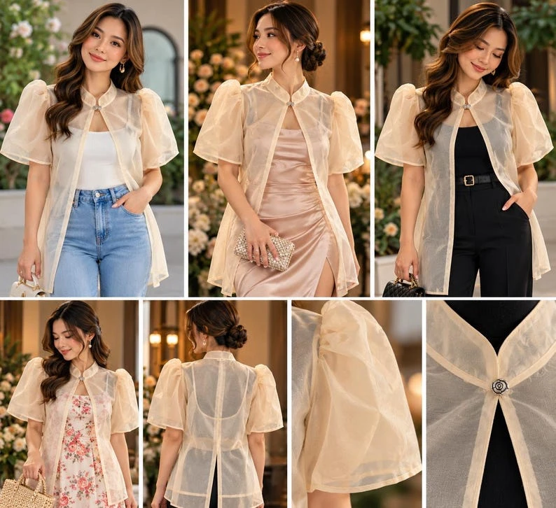 Modern Filipiniana Bolero Top – Off-White & Cream Organza Butterfly Sleeve Top with Pearl Button, Size XL | Formal Filipino Barong Outerwear — photo 2