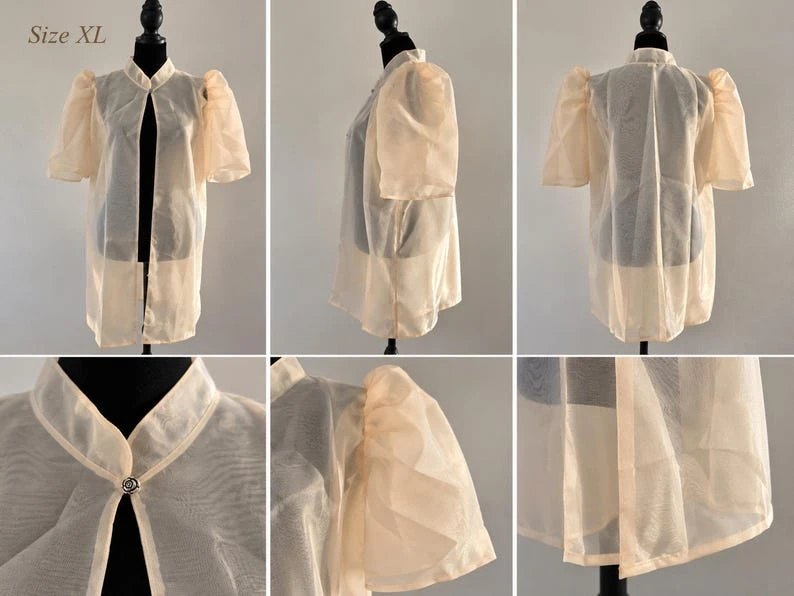 Modern Filipiniana Bolero Top – Off-White & Cream Organza Butterfly Sleeve Top with Pearl Button, Size XL | Formal Filipino Barong Outerwear — photo 8