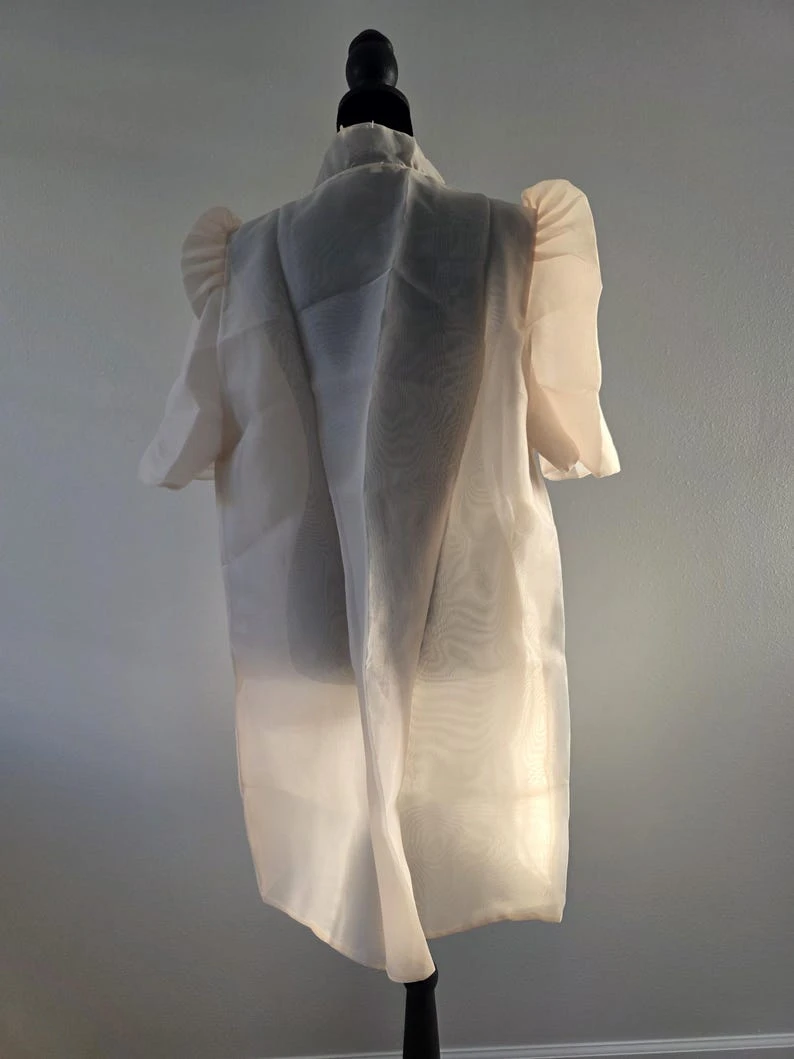 Modern Filipiniana Bolero Top – Off-White & Cream Organza Butterfly Sleeve Top with Pearl Button, Size XL | Formal Filipino Barong Outerwear — photo 6