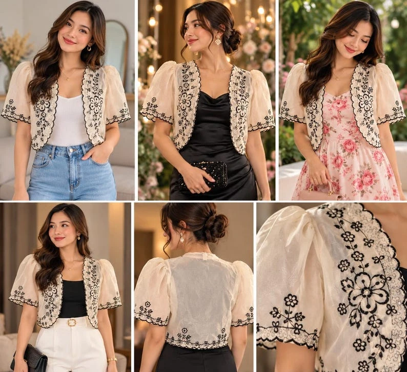 Modern Filipiniana Bolero Top XL – Off-White & Bronze Embroidered Butterfly Sleeve Top with Pearl Button | Formal Filipino Barong Outerwear — photo 2