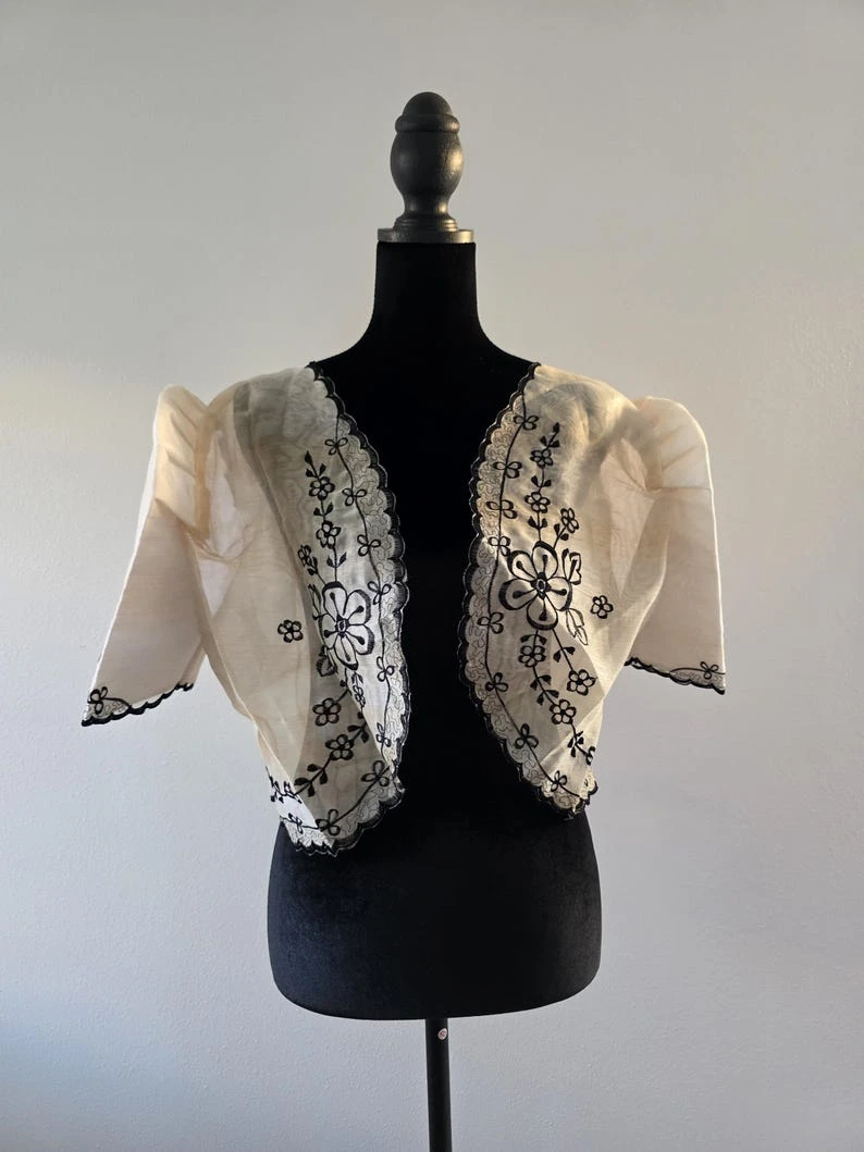 Modern Filipiniana Bolero Top XL – Off-White & Bronze Embroidered Butterfly Sleeve Top with Pearl Button | Formal Filipino Barong Outerwear — photo 3