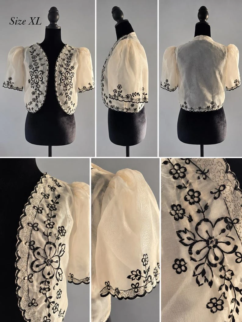 Modern Filipiniana Bolero Top XL – Off-White & Bronze Embroidered Butterfly Sleeve Top with Pearl Button | Formal Filipino Barong Outerwear — photo 7