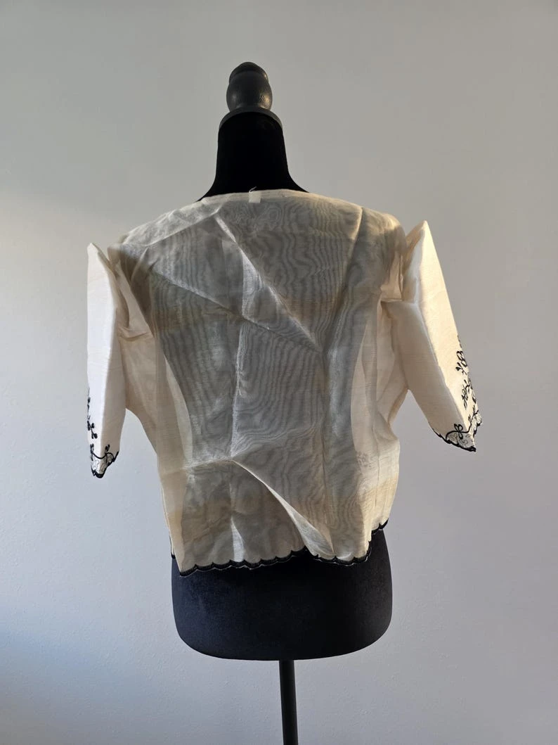 Modern Filipiniana Bolero Top XL – Off-White & Bronze Embroidered Butterfly Sleeve Top with Pearl Button | Formal Filipino Barong Outerwear — photo 5