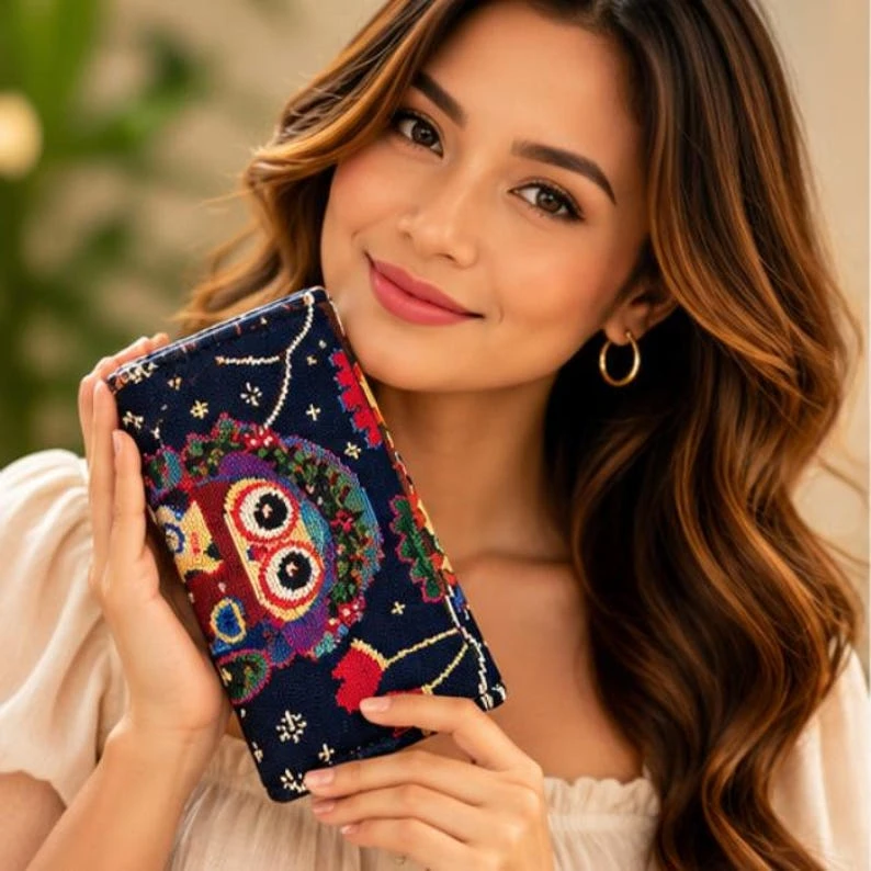 Navy Blue Woven Wallet with Cute Owl Design, Handmade Filipino Craft Long Wallet, Artisan Fabric Purse with Card Slots