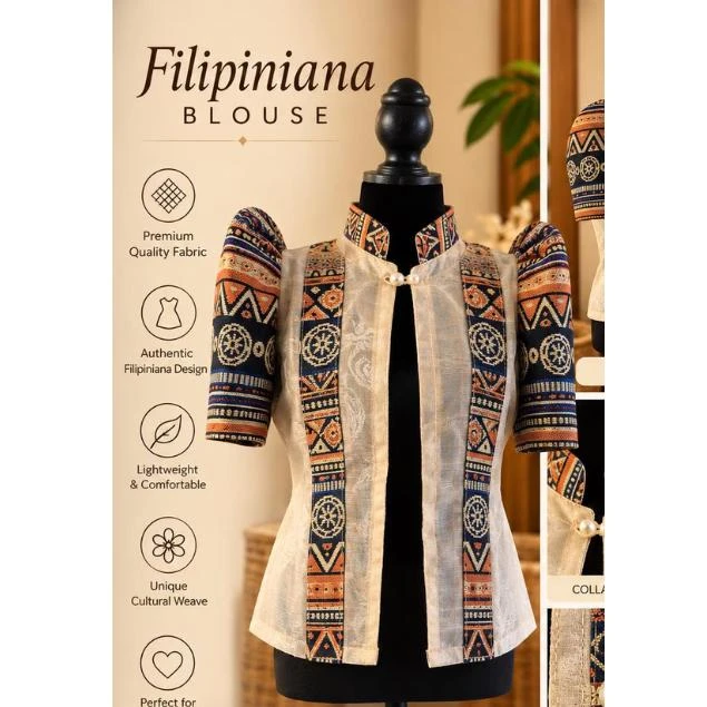 Medium Filipiniana Blouse, Traditional Philippine Terno Top, Black and White Geometric Pattern Cultural Formal Wear, Heritage Costume