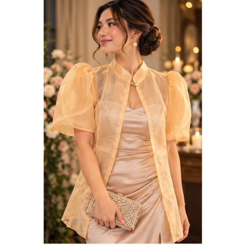 Modern Filipiniana Dress Coat – Gold Sheer Organza Duster with Pearl Button Butterfly Sleeves, Size Medium | Formal Filipino Outerwear — photo 1