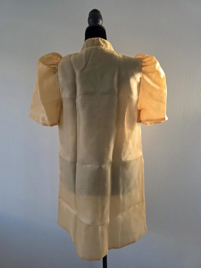 Modern Filipiniana Dress Coat – Gold Sheer Organza Duster with Pearl Button Butterfly Sleeves, Size Medium | Formal Filipino Outerwear — photo 5