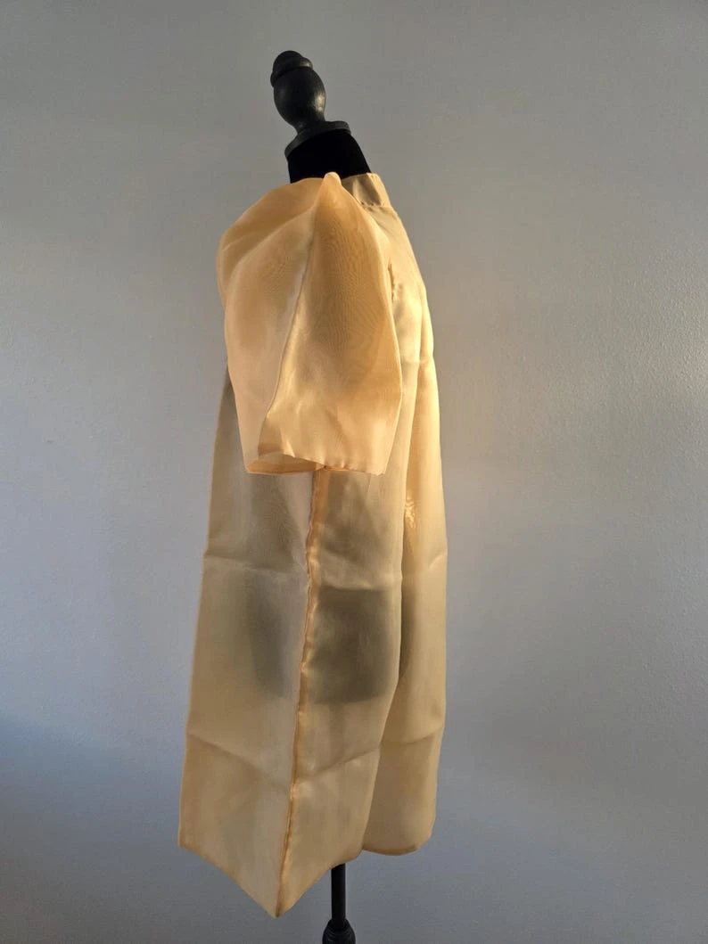 Modern Filipiniana Dress Coat – Gold Sheer Organza Duster with Pearl Button Butterfly Sleeves, Size Medium | Formal Filipino Outerwear — photo 4
