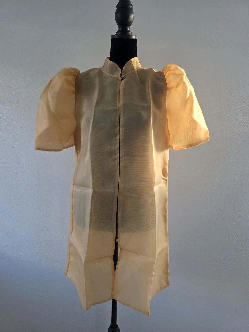 Modern Filipiniana Dress Coat – Gold Sheer Organza Duster with Pearl Button Butterfly Sleeves, Size Medium | Formal Filipino Outerwear — photo 3