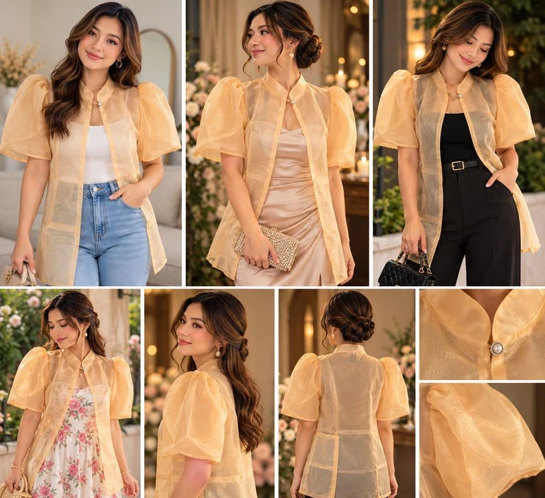 Modern Filipiniana Dress Coat – Gold Sheer Organza Duster with Pearl Button Butterfly Sleeves, Size Medium | Formal Filipino Outerwear — photo 2