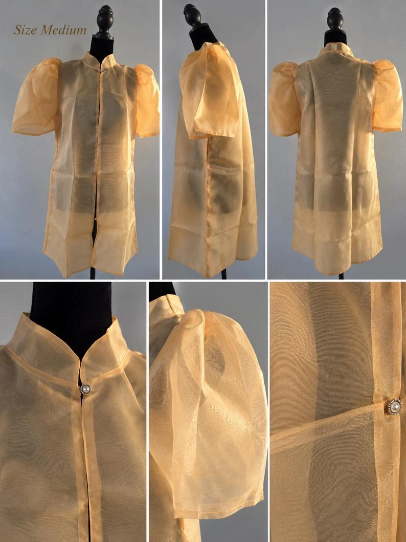 Modern Filipiniana Dress Coat – Gold Sheer Organza Duster with Pearl Button Butterfly Sleeves, Size Medium | Formal Filipino Outerwear — photo 7