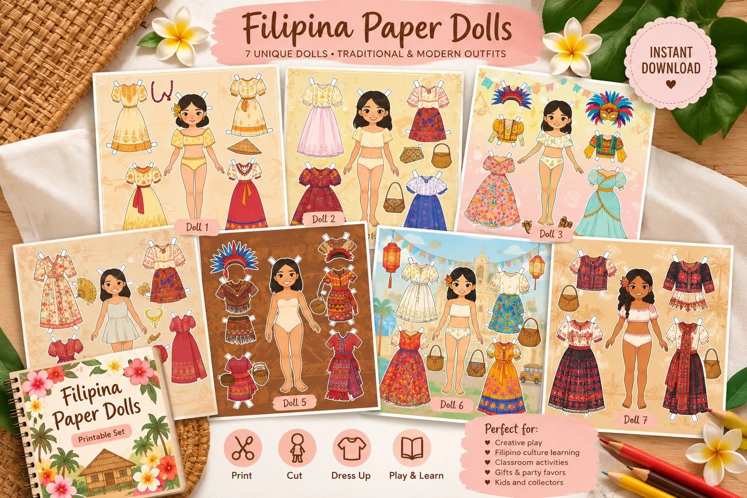 Filipina Paper Dolls – Printable Set (7 Dolls)