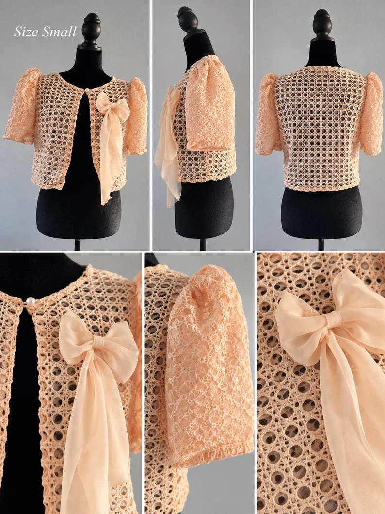 Modern Filipiniana Bolero Top – Peach Lace Butterfly Sleeve Shrug with Pearl Buttons, Size Small | Filipino Formal Wear Cropped Jacket with Bow Accent — photo 8