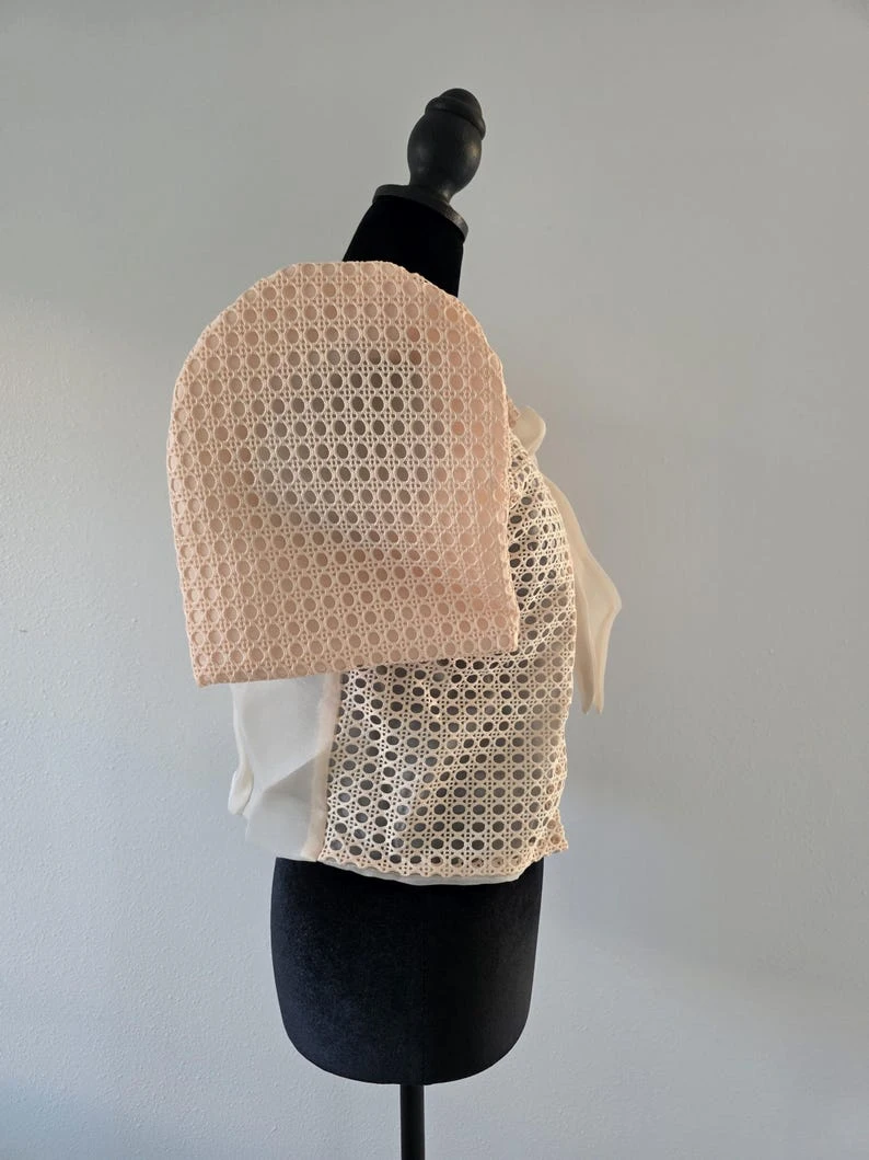 Modern Filipiniana Bolero Top – Peach Lace Butterfly Sleeve Shrug with Pearl Buttons, Size Small | Filipino Formal Wear Cropped Jacket with Bow Accent — photo 7