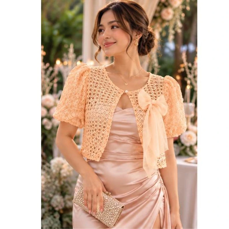 Modern Filipiniana Bolero Top – Peach Lace Butterfly Sleeve Shrug with Pearl Buttons, Size Small | Filipino Formal Wear Cropped Jacket with Bow Accent — photo 2