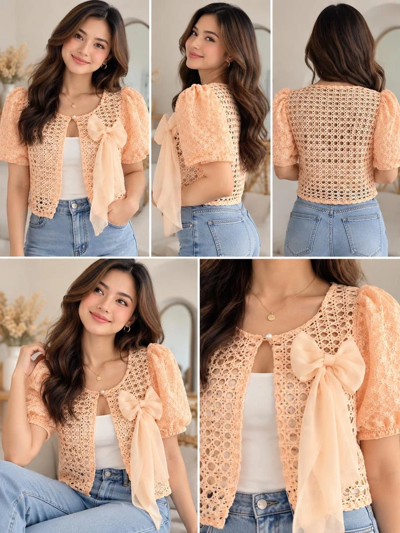 Modern Filipiniana Bolero Top – Peach Lace Butterfly Sleeve Shrug with Pearl Buttons, Size Small | Filipino Formal Wear Cropped Jacket with Bow Accent — photo 3