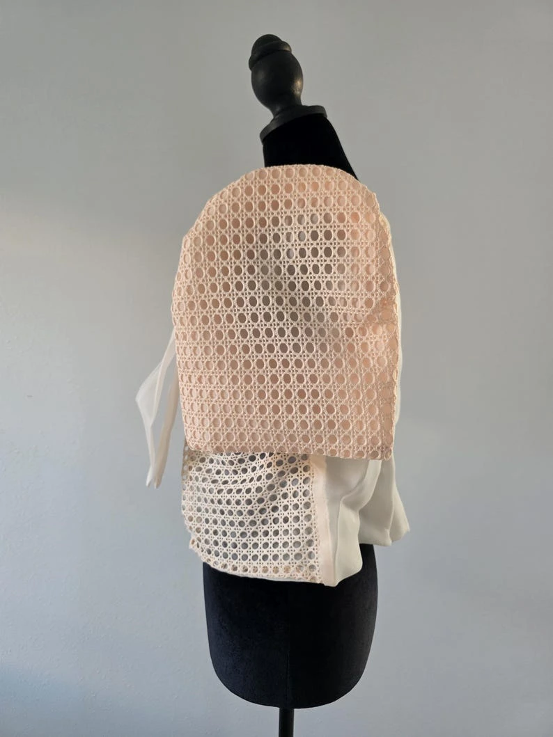 Modern Filipiniana Bolero Top – Peach Lace Butterfly Sleeve Shrug with Pearl Buttons, Size Small | Filipino Formal Wear Cropped Jacket with Bow Accent — photo 5