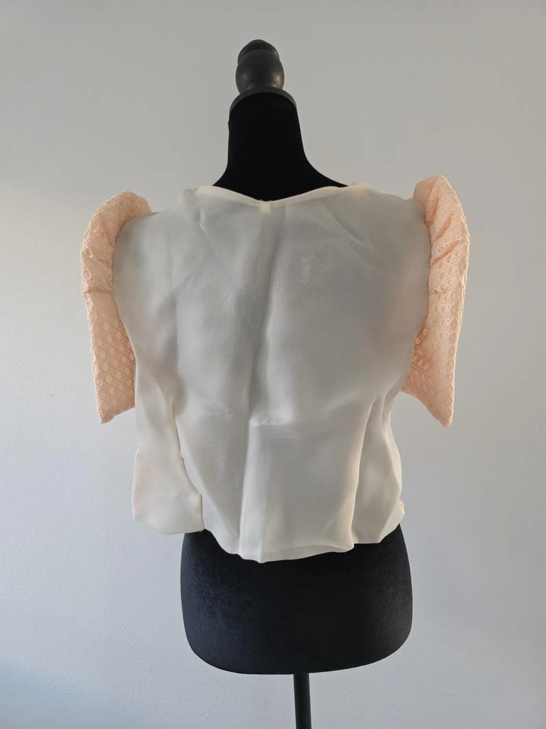 Modern Filipiniana Bolero Top – Peach Lace Butterfly Sleeve Shrug with Pearl Buttons, Size Small | Filipino Formal Wear Cropped Jacket with Bow Accent — photo 6