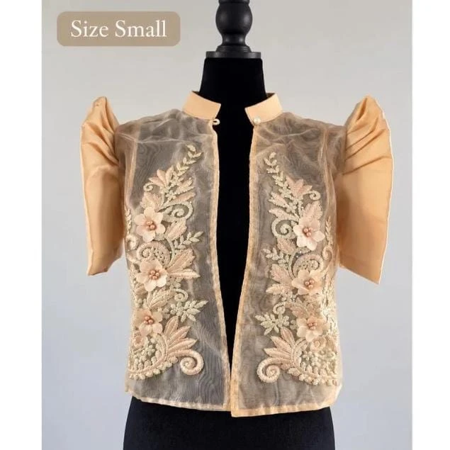 Small Filipiniana Blouse, Traditional Philippine Terno Top, Baro at Saya, Gold Floral Applique Cultural Formal Wear, Heritage Costume