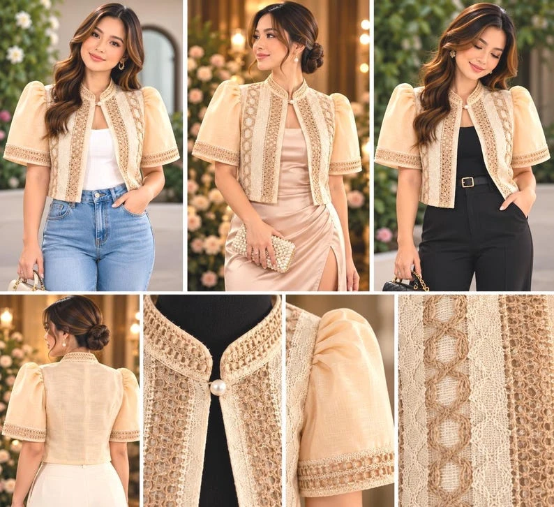 Cream & Champagne Lace Filipiniana Bolero Jacket โ Modern Barong Tagalog Puff Sleeve Top with Pearl Closure, Size XL | Filipino Formal Wear โ photo 3