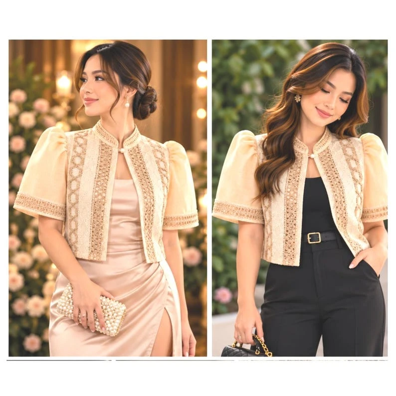 Cream & Champagne Lace Filipiniana Bolero Jacket โ Modern Barong Tagalog Puff Sleeve Top with Pearl Closure, Size XL | Filipino Formal Wear โ photo 2