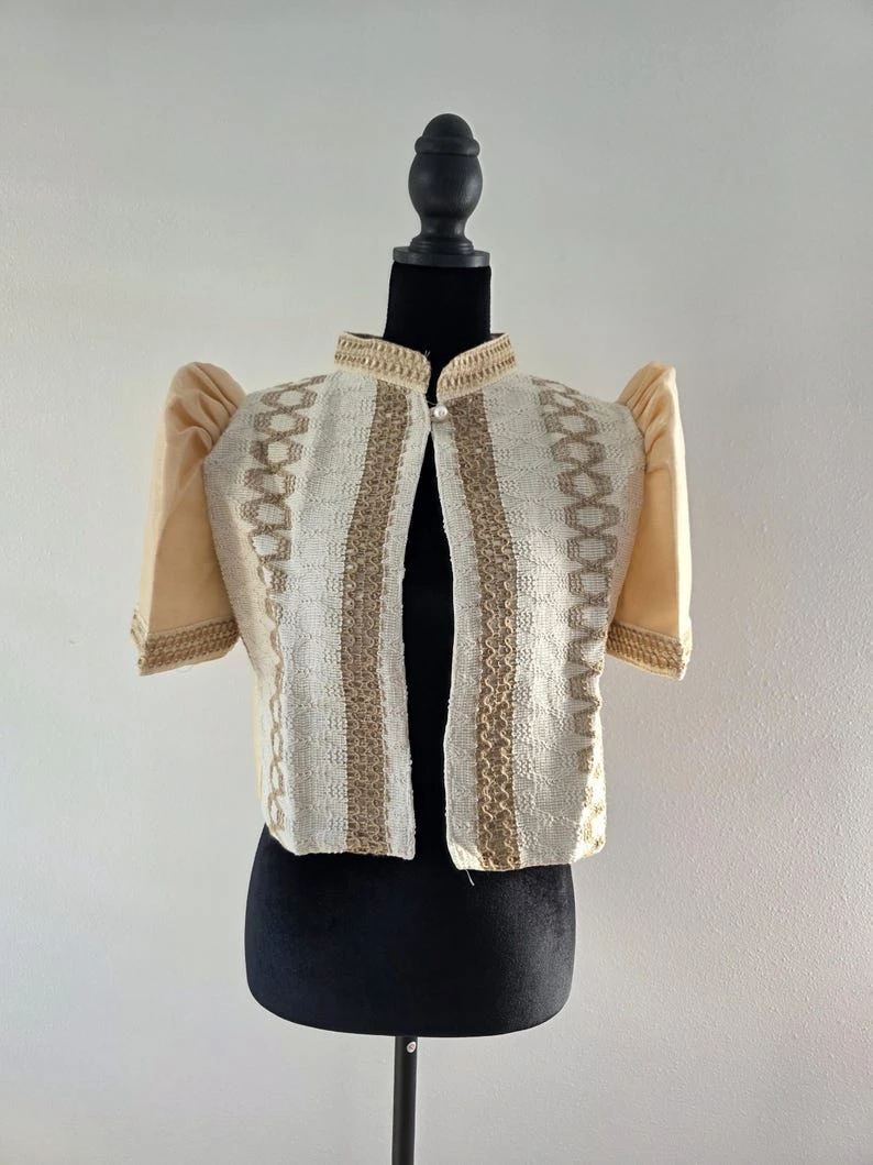 Cream & Champagne Lace Filipiniana Bolero Jacket โ Modern Barong Tagalog Puff Sleeve Top with Pearl Closure, Size XL | Filipino Formal Wear โ photo 4