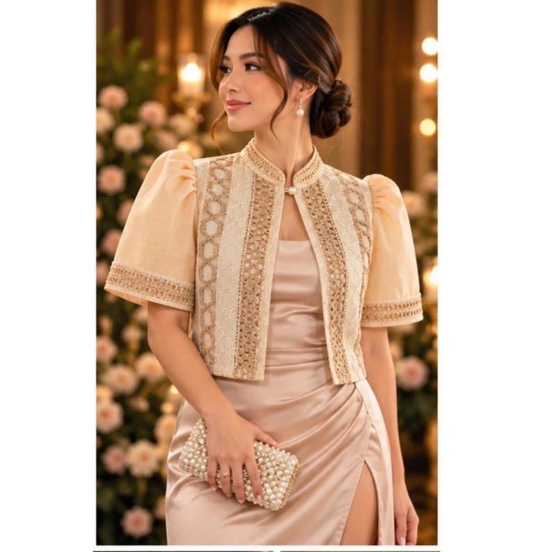 Cream & Champagne Lace Filipiniana Bolero Jacket – Modern Barong Tagalog Puff Sleeve Top with Pearl Closure, Size XL | Filipino Formal Wear — photo 1