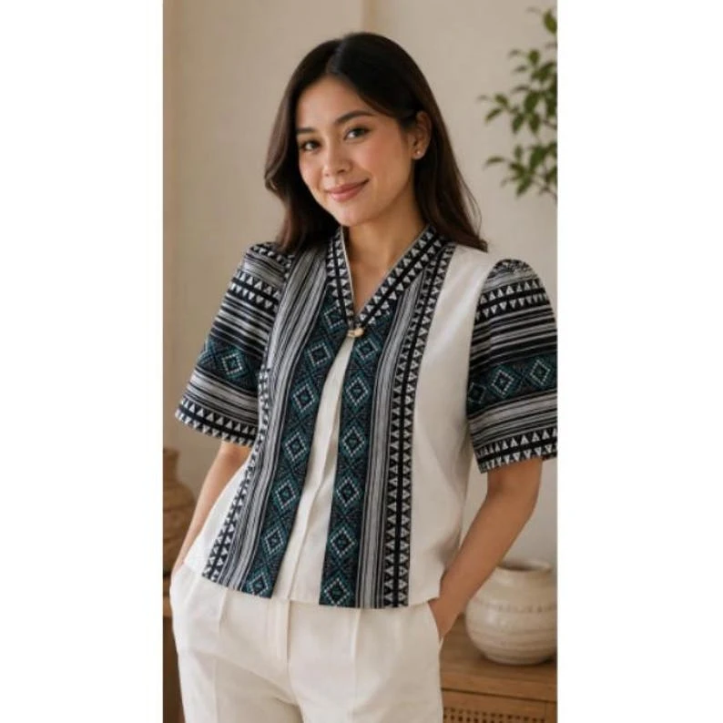 Boho Filipiniana Blouse – Women's Printed Short Sleeve Blouse with Geometric Tribal Print, V-Neck Ivory Black Teal, Philippine Size Large