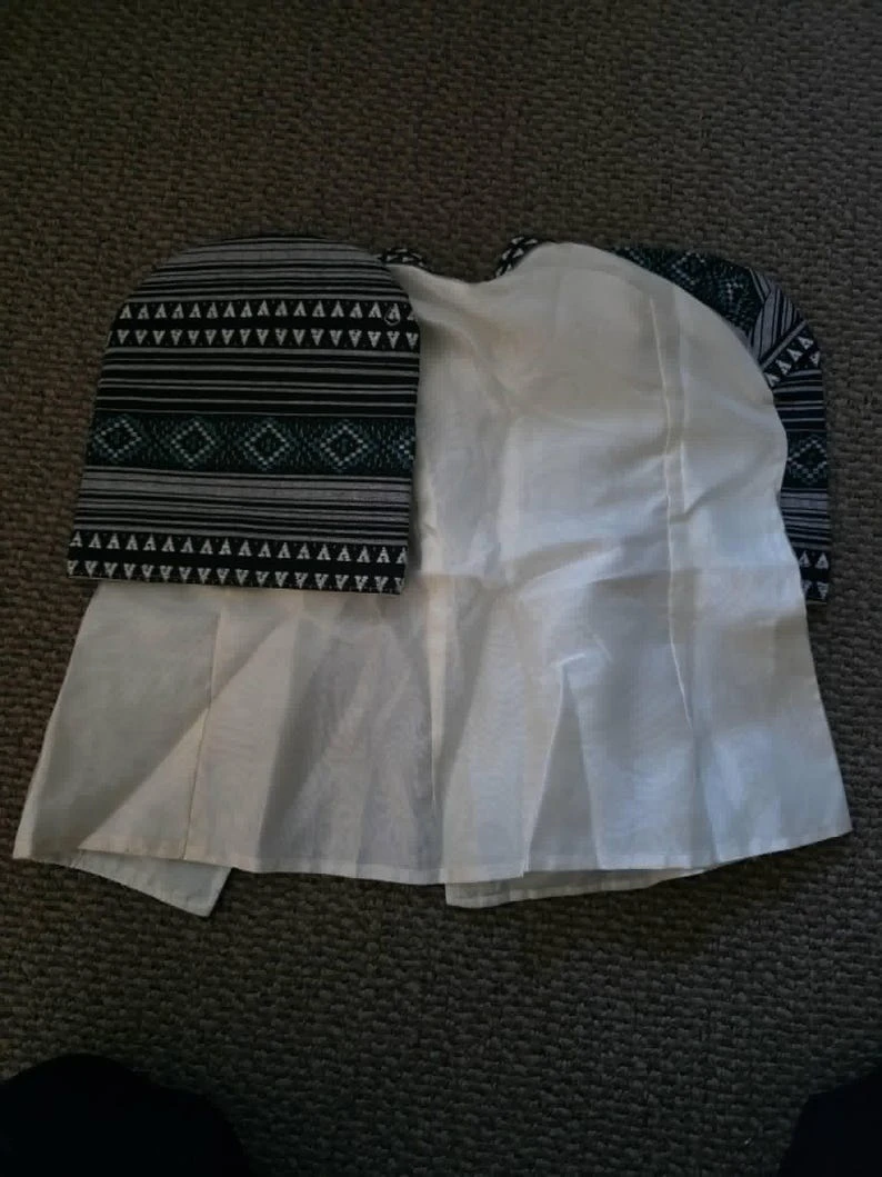 Boho Filipiniana Blouse – Women's Printed Short Sleeve Blouse with Geometric Tribal Print, V-Neck Ivory Black Teal, Philippine Size Large — photo 5
