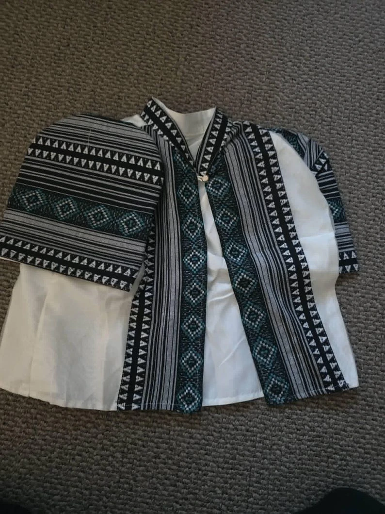 Boho Filipiniana Blouse – Women's Printed Short Sleeve Blouse with Geometric Tribal Print, V-Neck Ivory Black Teal, Philippine Size Large — photo 2