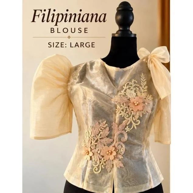 Kids Filipiniana Blouse, Traditional Philippine Terno Top, Gold Embroidered Cultural Formal Wear, Heritage Costume, Medium