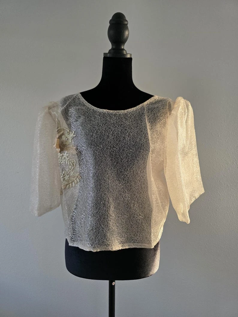 Modern Filipiniana Dress Coat – Gold Sheer Organza Duster with Pearl Button Butterfly Sleeves, Size Medium | Formal Filipino Outerwear — photo 3