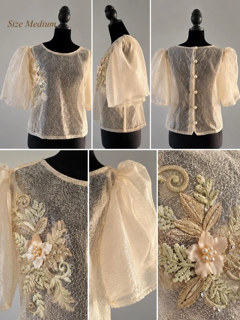 Modern Filipiniana Dress Coat – Gold Sheer Organza Duster with Pearl Button Butterfly Sleeves, Size Medium | Formal Filipino Outerwear — photo 8
