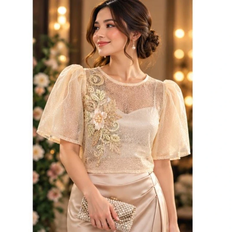 Modern Filipiniana Dress Coat – Gold Sheer Organza Duster with Pearl Button Butterfly Sleeves, Size Medium | Formal Filipino Outerwear — photo 1