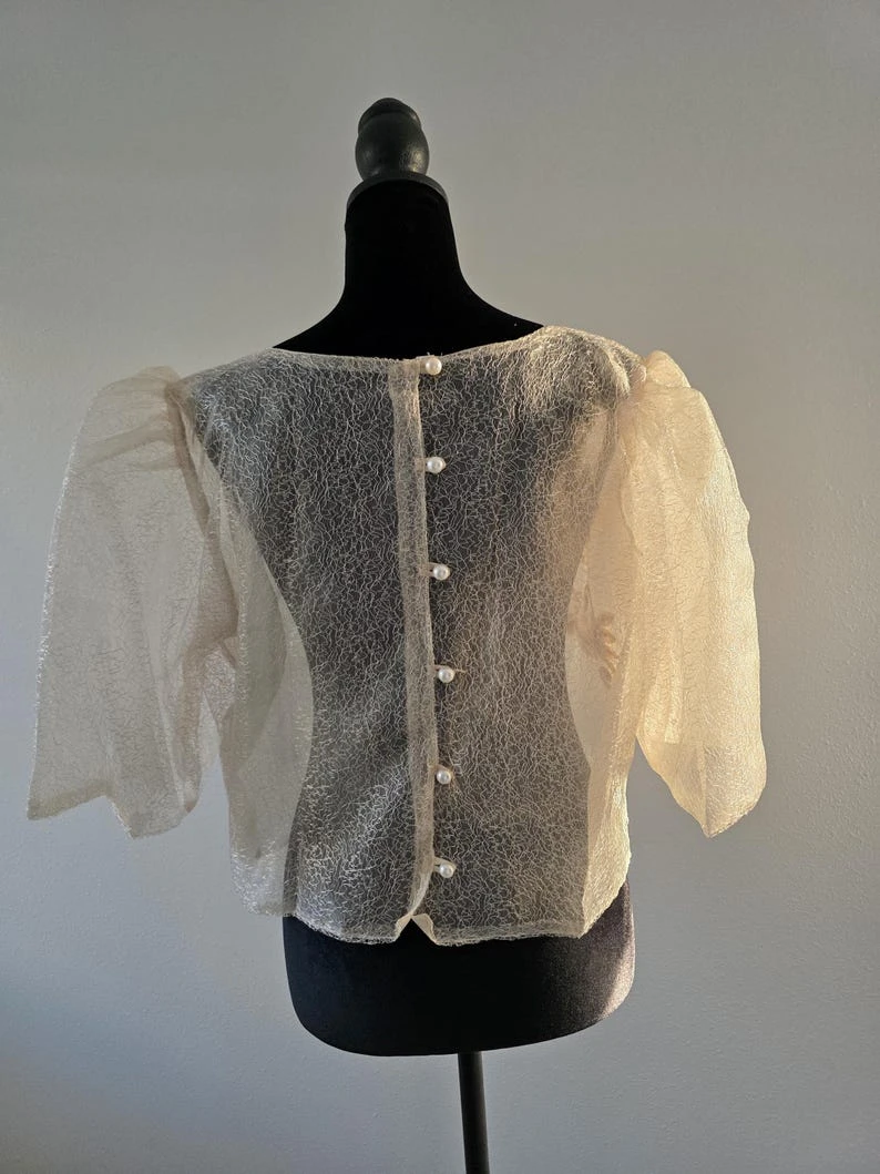 Modern Filipiniana Dress Coat – Gold Sheer Organza Duster with Pearl Button Butterfly Sleeves, Size Medium | Formal Filipino Outerwear — photo 5
