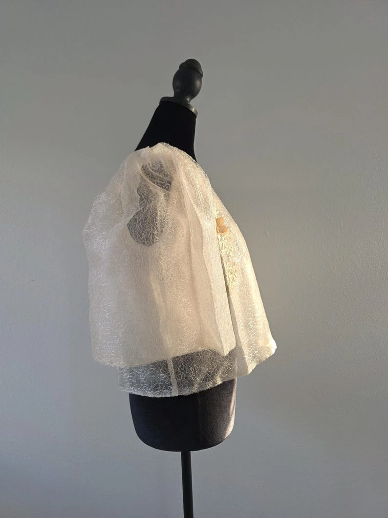 Modern Filipiniana Dress Coat – Gold Sheer Organza Duster with Pearl Button Butterfly Sleeves, Size Medium | Formal Filipino Outerwear — photo 6
