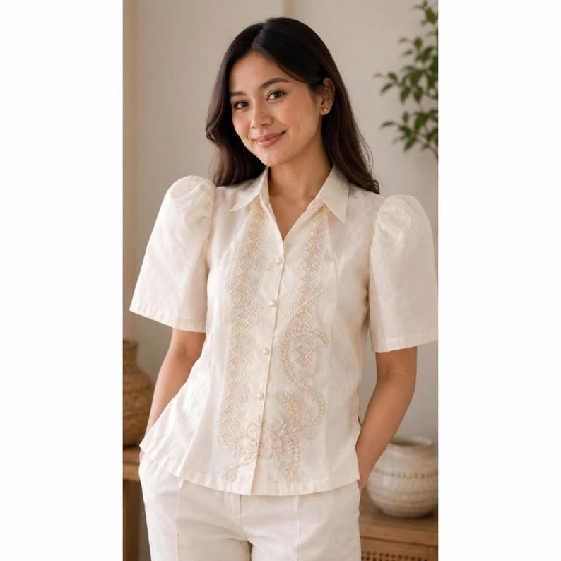Embroidered Filipiniana Blouse – Butterfly Sleeve Top with Front Embroidery & Pearl Buttons, Size Medium | Formal Filipino Wear — photo 1