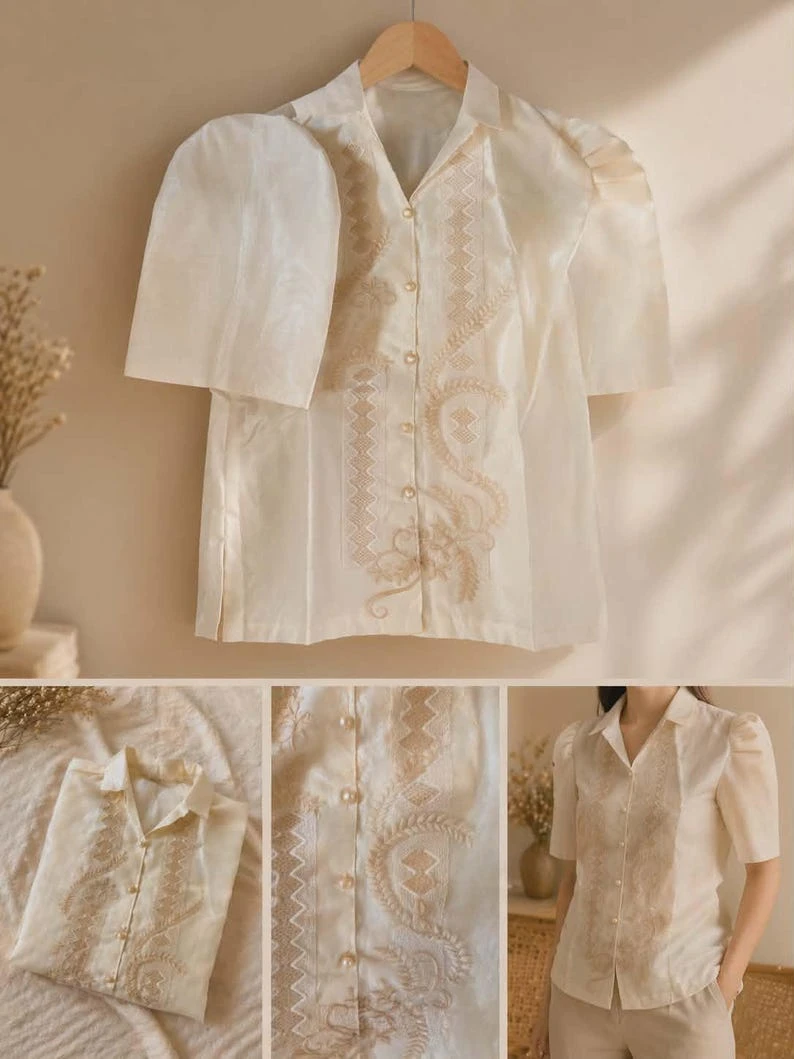 Embroidered Filipiniana Blouse – Butterfly Sleeve Top with Front Embroidery & Pearl Buttons, Size Medium | Formal Filipino Wear — photo 2